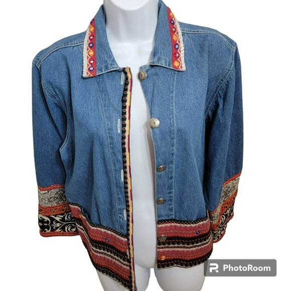 Chico's Jackets & Blazers - Chico's Design Denim Jacket, Women 1(Med), Cotton, Embroidered Embellishment EUC